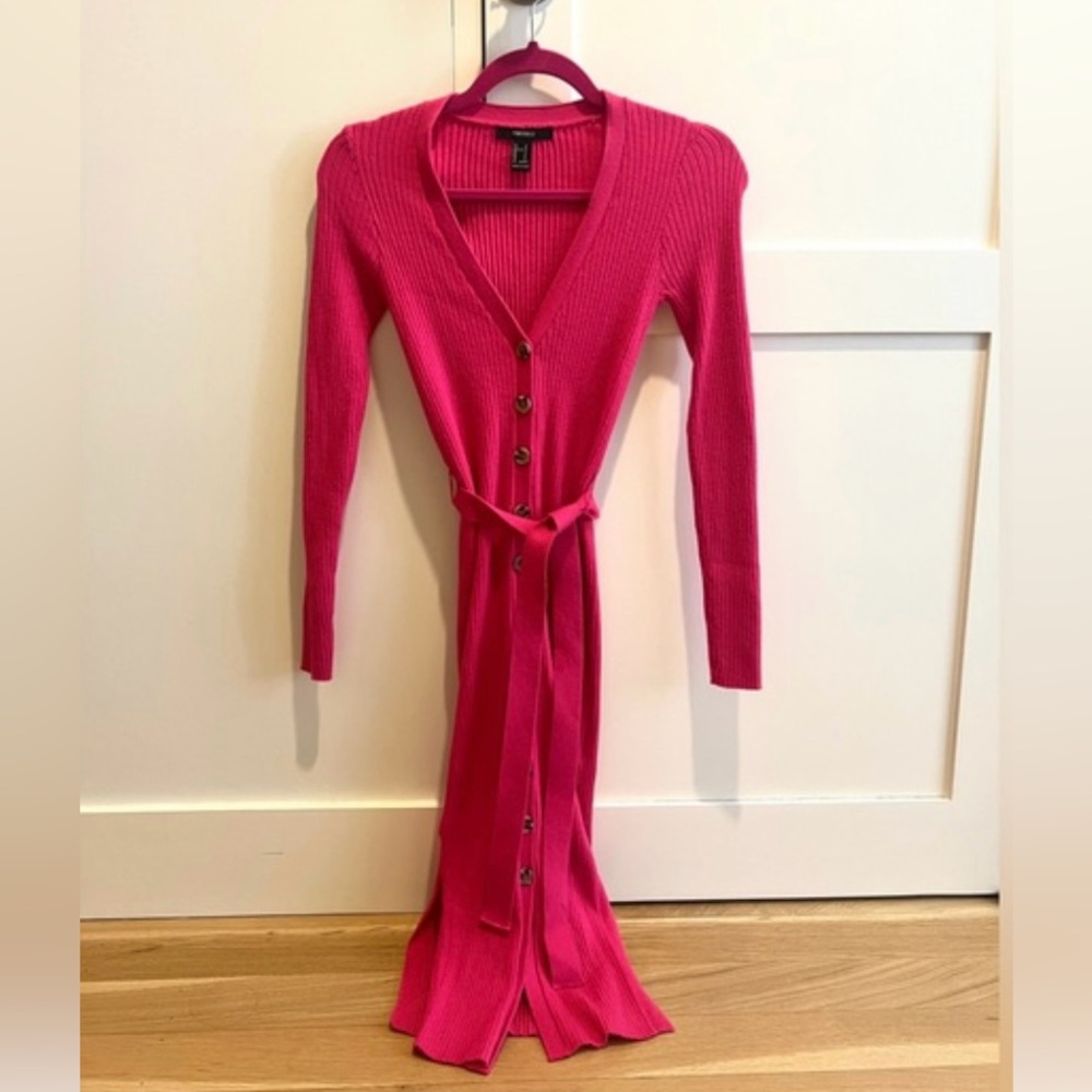 Forever 21 Vibrant Pink Ribbed Button Front Dress with Tie